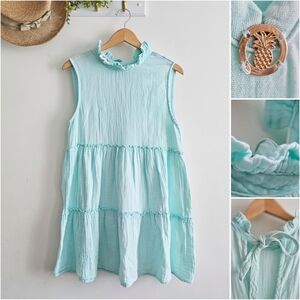 🌴 Simply Southern Aqua Tiered Cotton Gauze Dress M Ruffle Neck Pineapple Charm